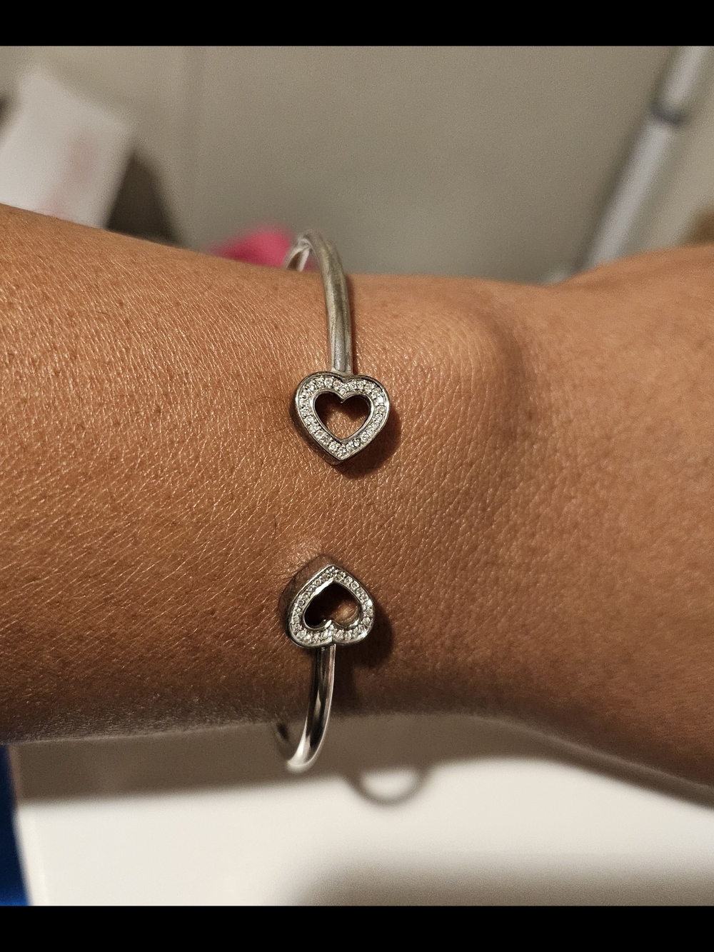Silver Heart Open-Ended Bangle DIAMOND Bracelet